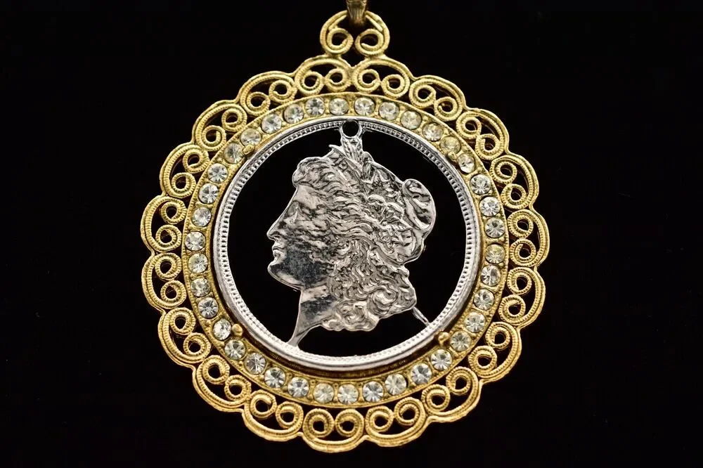 Vintage Carved Coin Heavy Pendant Necklace Crystal Chain Gold Chunky 1970s BinBH